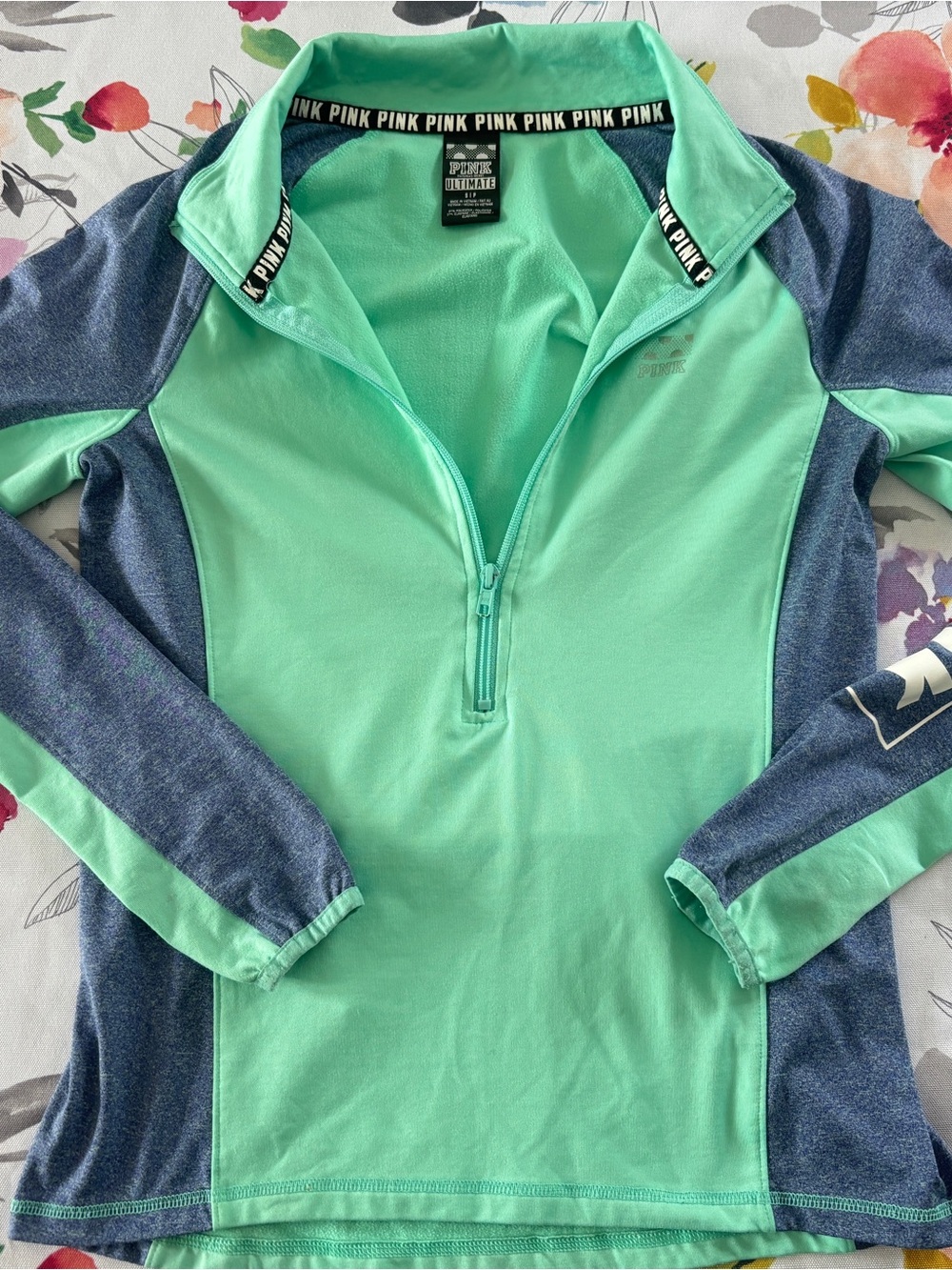 PINK Mint & Heathered Navy Zip-Up Pullover with Black Logo Trim